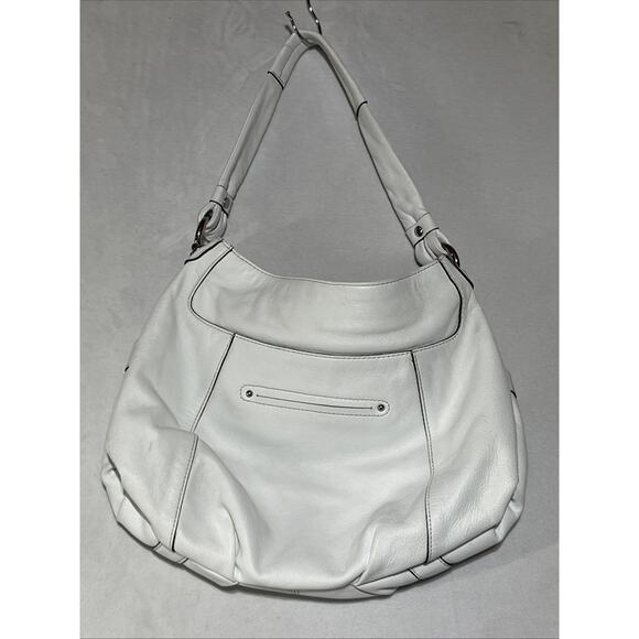 B Makowsky Leather Handbag Shoulder Bag White Hobo with Buckles Top Zip Pleats - Picture 2 of 14